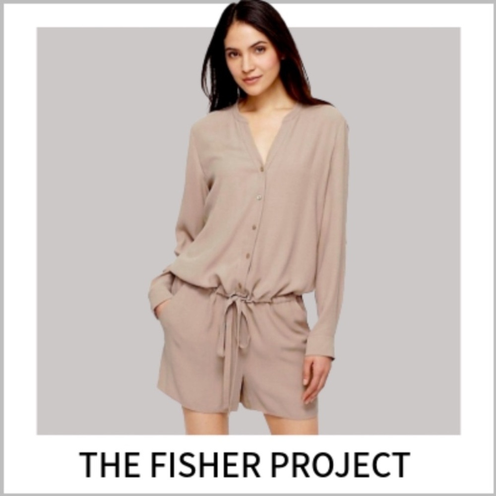 EILEEN FISHER The Fisher Project Silk Mandarin Collar Romper in Mocha Size Small